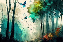 A Watercolor Painting Of Birds In A Forest With Trees And Butterflies In The Sky..