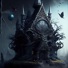 Wall Mural - Generative AI: gothic landscape in blue tones with lonely castle