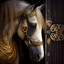 Generative AI: Beautiful Royal Horse With Golden Ornaments In Stable