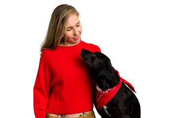 Poster - Young caucasian woman and her dog isolated on background