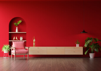 Wall Mural - Wood sideboard in red living room with copy space, 3D rendering