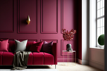 A popular color for 2023 in the luxury living lounge is viva magenta. A prototype painted in the color crimson red burgundy for an art wall. Interior of a blank modern room. Carmine crimson accent col