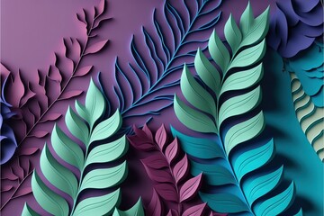 a paper cut of leaves on a purple and blue background with a green leaf on the left side of the image and a purple background with blue leaves on the right side of the left., generative ai