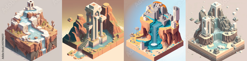 Group of 4 3D game design isometric islands concept render art in light ...