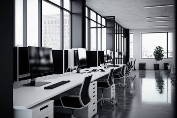 Canvas Print - View from the side of a white and black open plan workplace with rows of computer tables and desks in place. a mockup. Generative AI