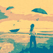 Ilustracja grafika młoda dziewczyna na plaży spadające z nieba parasolki.