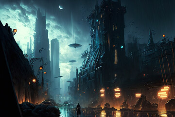 Wall Mural - Futuristic cyberpunk city in dark colors. Concept of science fiction in the city center at night with whimsical houses, castles. Gen Art
