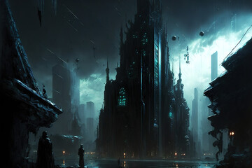 Wall Mural - Futuristic cyberpunk city in dark colors. Concept of science fiction in the city center at night with whimsical houses, castles. Gen Art