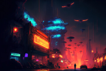 Wall Mural - Futuristic neon cyberpunk city with the silhouette of an alien hero. Downtown sci-fi concept at night with skyscraper, highway and billboards. Gen Art	