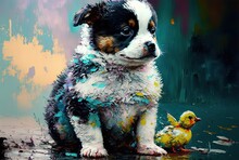 Cute Puppy Dog And A Duckling Portrait Together In Oil Painting Style Illustration  With Nature Background