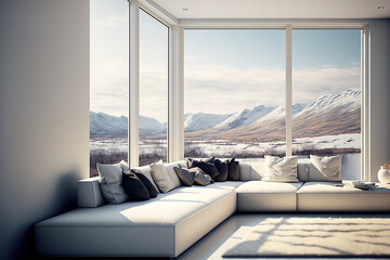 Poster - Corner sofa in a white modern space with panoramic windows. Generative AI