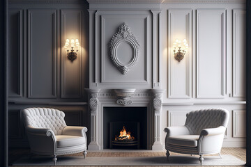 Wall Mural - Fireplace, armchairs, moldings, wall paneling, carpet, and fur complete the traditional white interior. mock up for an illustration. Generative AI