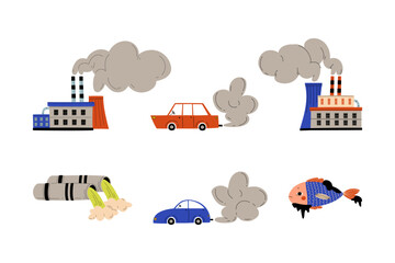 Poster - Environment pollution set. Smoke from factory pipes, car, wastewater. Dirty toxic effluents cartoon vector illustration