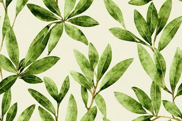 Wall Mural - Green leaves and wax flowers on a white backdrop to make a lovely seamless wallpaper design. Use of watercolour techniques. Generative AI