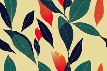 Wall Mural - A contemporary silhouette design illustrating colorful exotic jungle flora. Seamless pattern of a modern plant collage. Pattern making for clothing, textiles, wallpaper, and packaging Generative AI