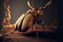 Golden Beetle, Carved Statue On A Dark Background. Gen Art