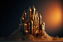 Golden Castle With Shiny Particles Isolated On Black Background. Gen Art