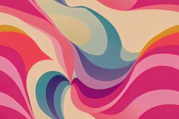 Wall Mural - Pattern of pastel rainbow stripes, reminiscent of the 1960s. A pink wave animation as a backdrop. Generative AI