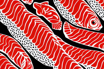 Seamless pattern of salmon. Salmon fillet on a red backdrop with white lines, image. Sushi meat texture. Generative AI