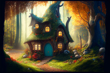 Imaginative Illustration Of Cute Fantasy Cottage/house/dwelling In Magic Forest, Generative Ai, Digital Art