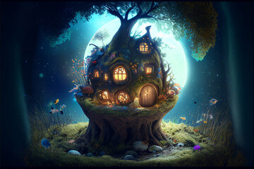 Wall Mural - Imaginative illustration of cute fantasy cottage/house/dwelling in magic forest, generative ai, digital art