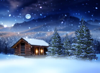 Wall Mural - winter wonderland ,night in forest wooden cabin pine tree covered by snow snowflakes and moon on sky