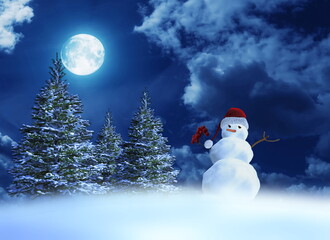 Wall Mural - winter night in forest wooden cabin pine tree covered by snowman snowflakes christmas bakground