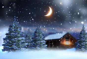Wall Mural - winter wonderland ,night in forest wooden cabin pine tree covered by snow snowflakes and moon on sky