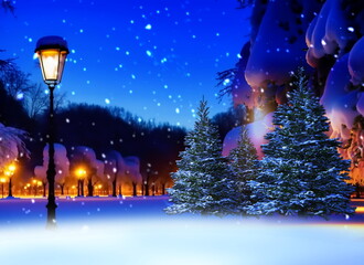 Wall Mural - winter in city park,street lantern light,wonderland ,night in forest wooden cabin pine tree covered 