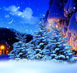 Wall Mural - winter wonderland ,night in forest wooden cabin pine tree covered by snow snowflakes and moon on sky