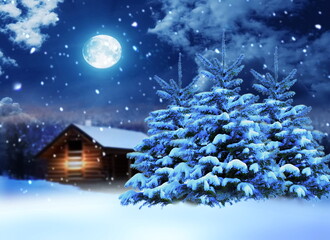 Wall Mural - winter wonderland ,night in forest wooden cabin pine tree covered by snow snowflakes and moon on sky