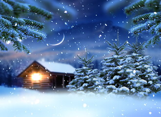 Wall Mural - winter wonderland ,night in forest wooden cabin pine tree covered by snow snowflakes and moon on sky