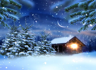 Wall Mural - winter wonderland ,night in forest wooden cabin pine tree covered by snow snowflakes and moon on sky
