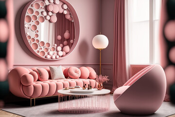 Wall Mural - Modern apartment's chic living room in a pink tone with stylish furnishings, a chair on carpet, a void circle wall, and fine accents. home furnishings,. Generative AI