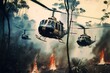 Helicopters Flying Over a Burning, Smoke-Filled Jungle, generative ai
