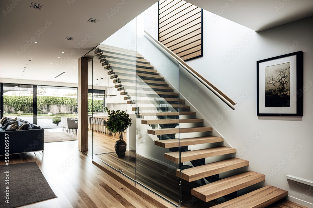 a contemporary interior design element featuring glass fencing and ...