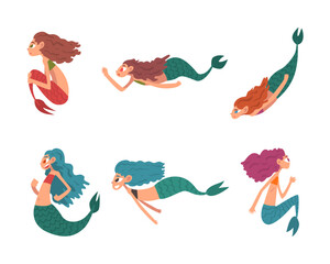 Sticker - Set of cute mermaids with long hair. Beautiful swimming little mermaid cartoon vector illustration