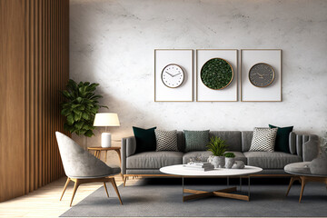 Sticker - a contemporary living room area mockup with a background wall texture,. Generative AI