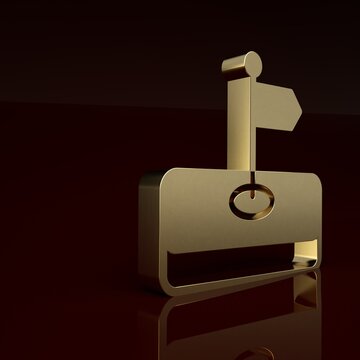 Gold Flag icon isolated on brown background. Location marker symbol. Minimalism concept. 3D render illustration