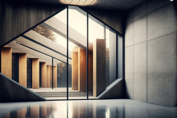 Poster - Abstract wood, glass, and concrete interior. Generative AI