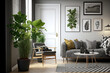 Leinwandbild Motiv Interior of a contemporary apartment with a stylish and Scandinavian living room that features a gray sofa, pillows, plaid, plants, a design wooden toilet, a black table, a lamp, and abstract artworks