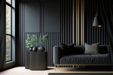 Poster - Mock up of a contemporary interior with black walls and vertical slats,. Generative AI