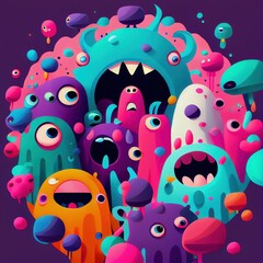 Sticker - Abstract magical funny cartoon monsters. Lots of colored paint, ink, funny monsters and rainbow colors. Colorful wonderful surrealism of dreams. The concept of dreams and illusions. Generative AI Art