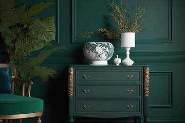Wall Mural - commode with décor in the interior of the living room, mock up of a dark green wall,. Generative AI