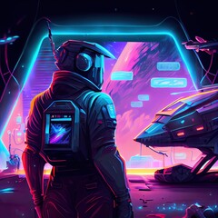 Wall Mural - An astronaut emerges from his spaceship. A high-tech astronaut from the future. The concept of space travel. Generative AI Art