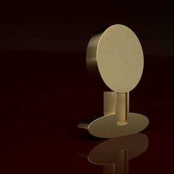 Gold Push pin icon isolated on brown background. Thumbtacks sign. Minimalism concept. 3D render illustration