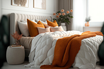 Sticker - White king size bed with orange pillows in stylish woman's bedroom. Generative AI