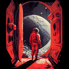 Wall Mural - An astronaut emerges from his spaceship. A high-tech astronaut from the future. The concept of space travel. Generative AI Art