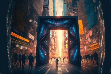 Wall Mural - A Dimensional Portal in the middle of a Big Street in a Big City, Inviting Everyone to Explore a New Reality, In a Trip With No Return, Made With Ultimate Technology