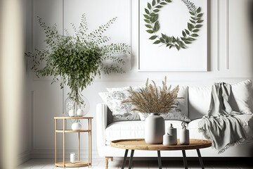 Over a wooden and white living room with sofa, teatime tables, ornament, ears, sheaf, and branch in a vase, there is a white table top or shelf with these décor elements. Generative AI